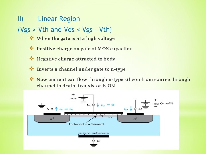 II) Linear Region (Vgs > Vth and Vds < Vgs – Vth) v When