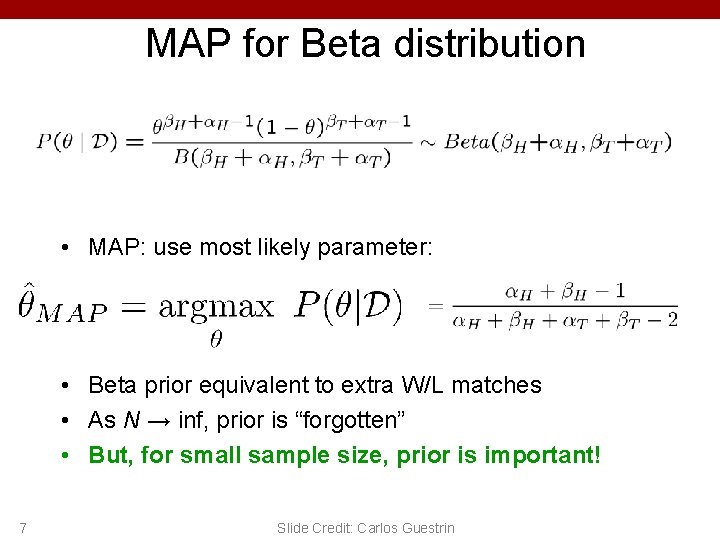 MAP for Beta distribution • MAP: use most likely parameter: • Beta prior equivalent