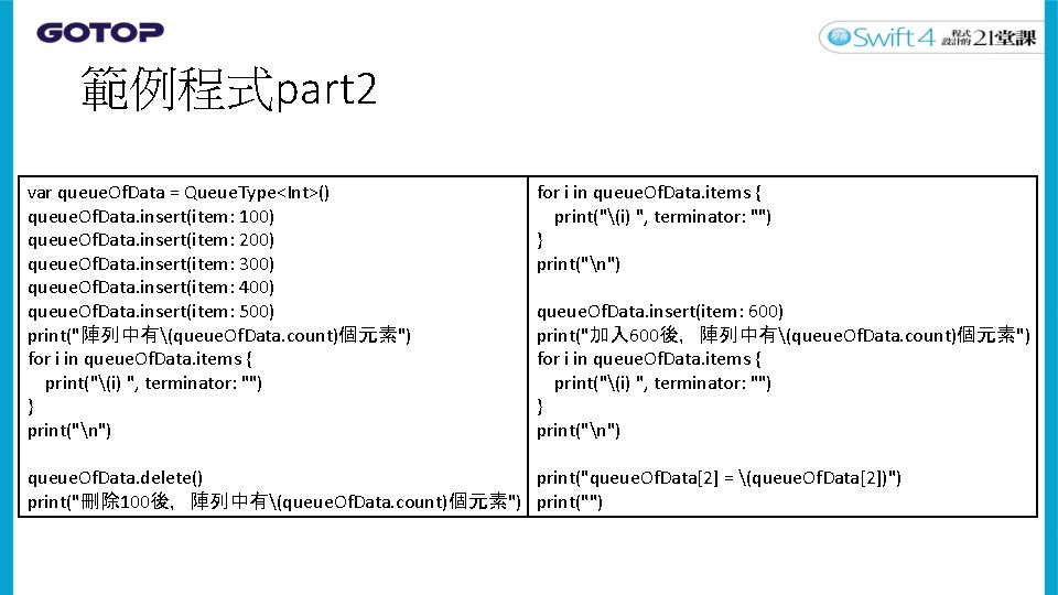 範例程式part 2 var queue. Of. Data = Queue. Type<Int>() queue. Of. Data. insert(item: 100)