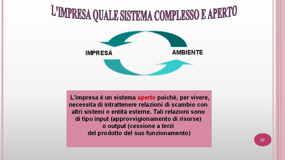 IMPRESA AMBIENTE L’impresa è un sistema aperto poiché, per vivere, necessita di intrattenere relazioni