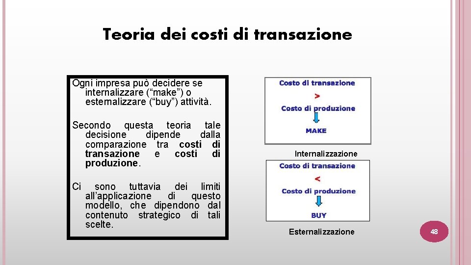 Teoria dei costi di transazione Ogni impresa può decidere se internalizzare (“make”) o esternalizzare