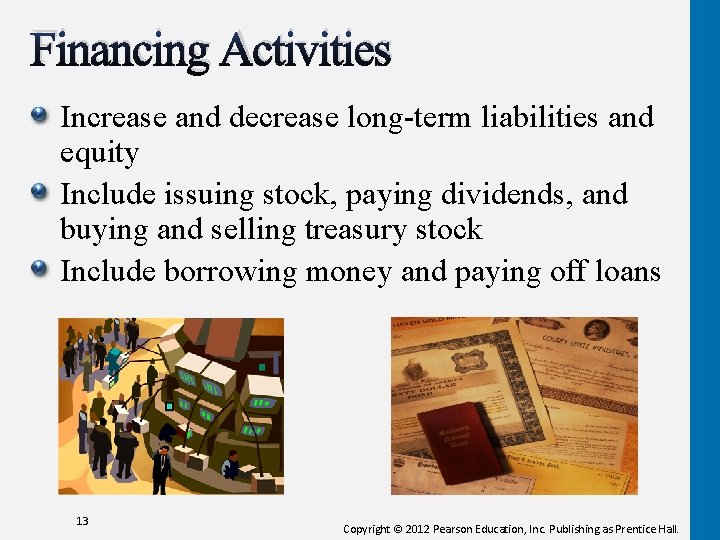 Financing Activities Increase and decrease long-term liabilities and equity Include issuing stock, paying dividends, Financing Activities Increase and decrease long-term liabilities and equity Include issuing stock, paying dividends,