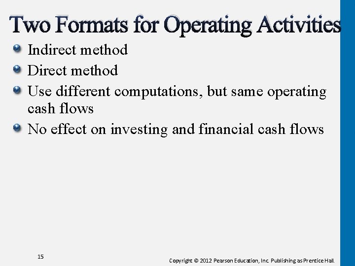 Two Formats for Operating Activities Indirect method Direct method Use different computations, but same Two Formats for Operating Activities Indirect method Direct method Use different computations, but same