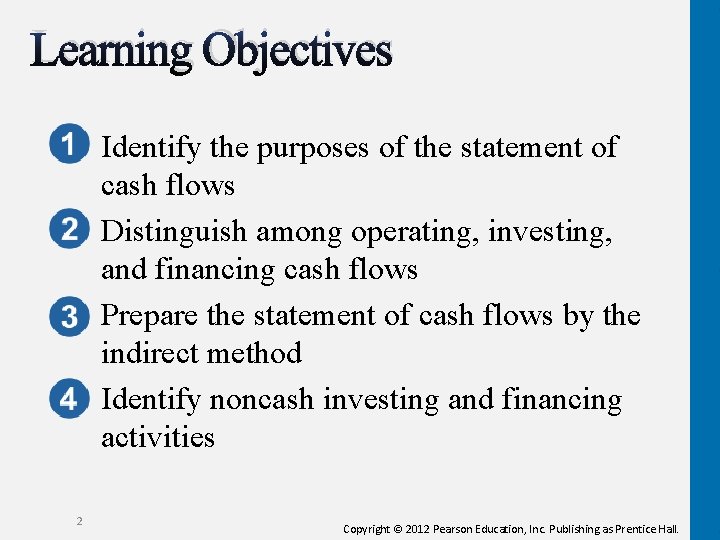 Learning Objectives Identify the purposes of the statement of cash flows Distinguish among operating, Learning Objectives Identify the purposes of the statement of cash flows Distinguish among operating,