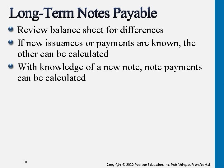Long-Term Notes Payable Review balance sheet for differences If new issuances or payments are Long-Term Notes Payable Review balance sheet for differences If new issuances or payments are