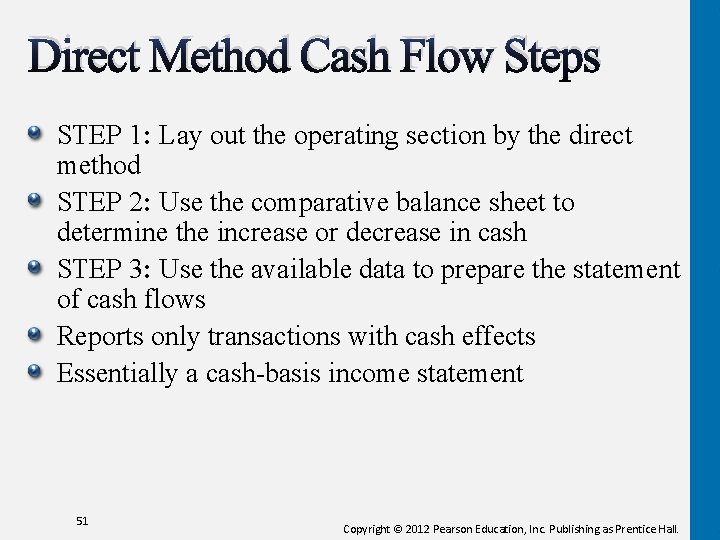 Direct Method Cash Flow Steps STEP 1: Lay out the operating section by the Direct Method Cash Flow Steps STEP 1: Lay out the operating section by the