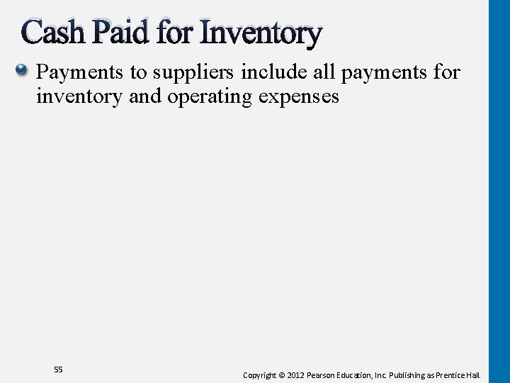 Cash Paid for Inventory Payments to suppliers include all payments for inventory and operating Cash Paid for Inventory Payments to suppliers include all payments for inventory and operating