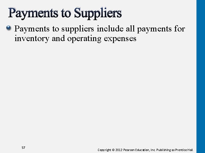 Payments to Suppliers Payments to suppliers include all payments for inventory and operating expenses Payments to Suppliers Payments to suppliers include all payments for inventory and operating expenses