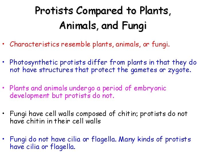 Protists Compared to Plants, Animals, and Fungi • Characteristics resemble plants, animals, or fungi.