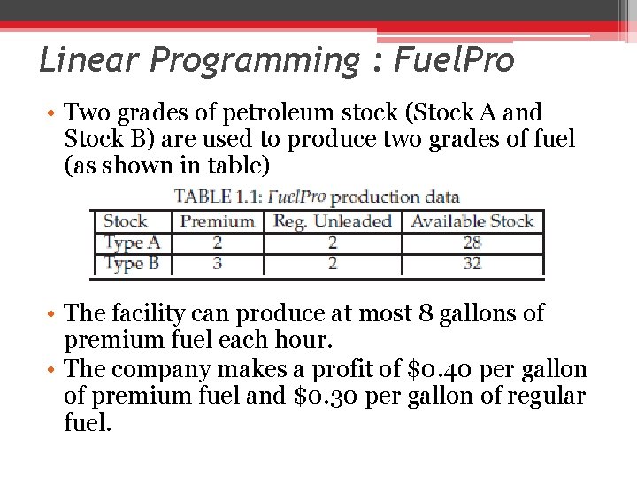 Linear Programming : Fuel. Pro • Two grades of petroleum stock (Stock A and