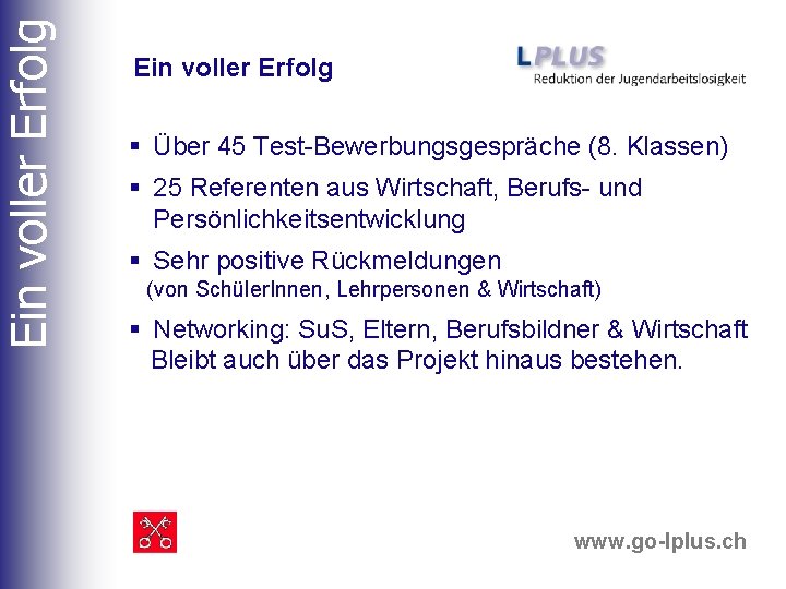 Ein voller Erfolg § Über 45 Test-Bewerbungsgespräche (8. Klassen) § 25 Referenten aus Wirtschaft,