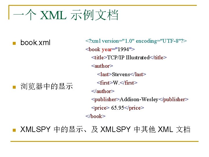 一个 XML 示例文档 <? xml version="1. 0" encoding="UTF-8"? > <book year="1994"> <title>TCP/IP Illustrated</title> <author>
