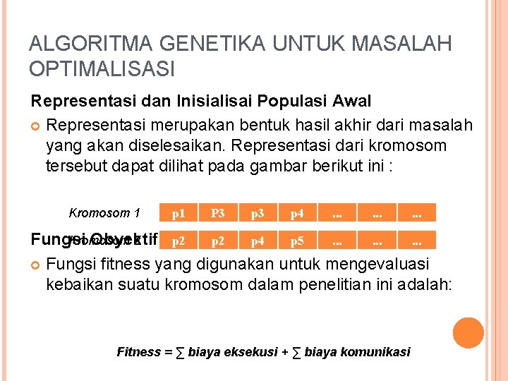 ALGORITMA GENETIKA UNTUK MASALAH OPTIMALISASI Representasi dan Inisialisai Populasi Awal Representasi merupakan bentuk hasil