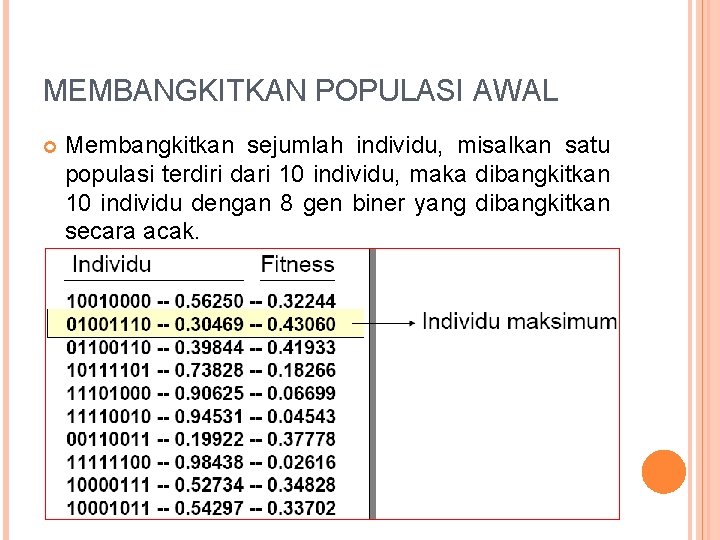 MEMBANGKITKAN POPULASI AWAL Membangkitkan sejumlah individu, misalkan satu populasi terdiri dari 10 individu, maka