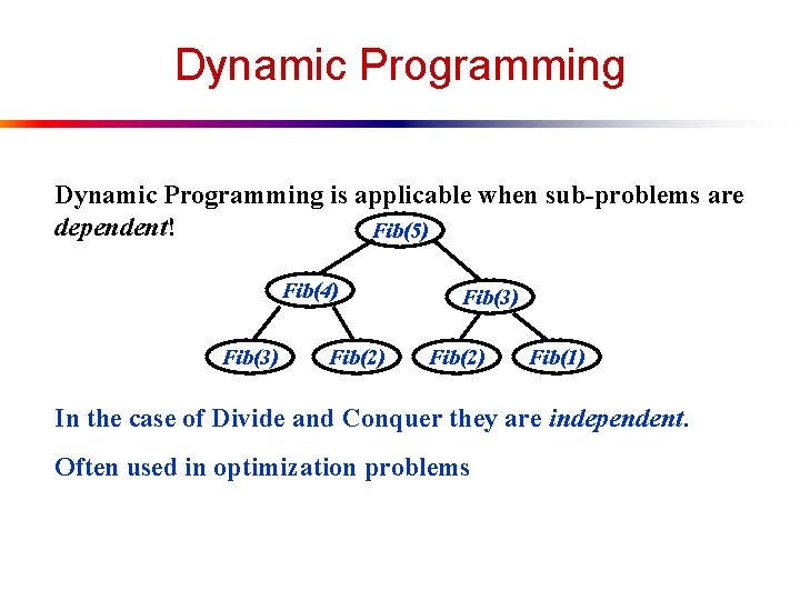 Dynamic Programming is applicable when sub-problems are dependent! Fib(5) Fib(4) Fib(3) Fib(2) Fib(1) In