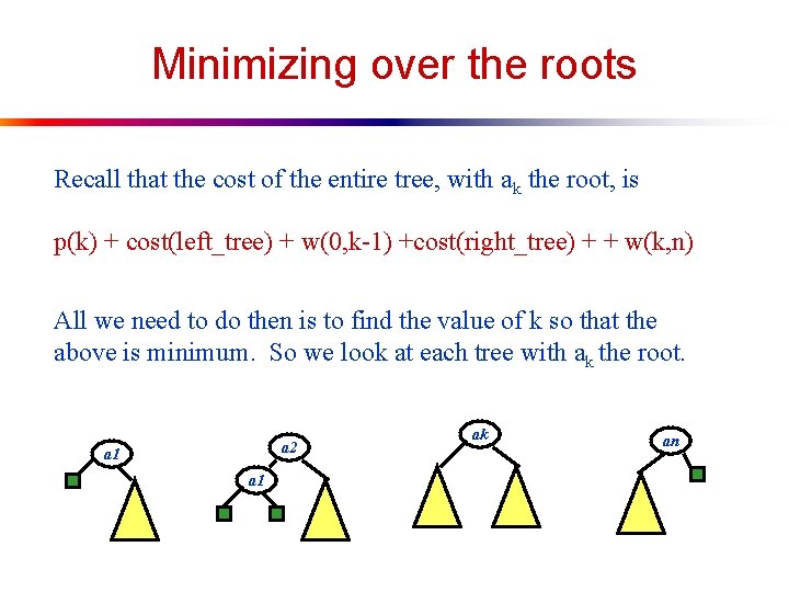 Minimizing over the roots Recall that the cost of the entire tree, with ak