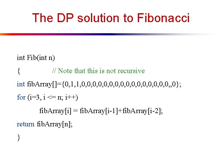 The DP solution to Fibonacci int Fib(int n) { // Note that this is