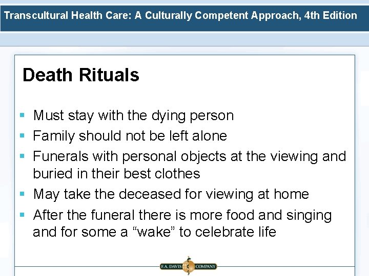 Transcultural Health Care: A Culturally Competent Approach, 4 th Edition Death Rituals § Must