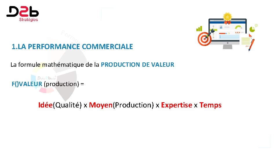 1. LA PERFORMANCE COMMERCIALE La formule mathématique de la PRODUCTION DE VALEUR F()VALEUR (production)
