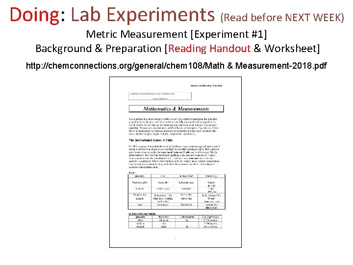 Doing: Lab Experiments (Read before NEXT WEEK) Metric Measurement [Experiment #1] Background & Preparation