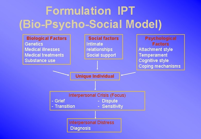 Formulation IPT (Bio-Psycho-Social Model) Biological Factors Genetics Medical illnesses Medical treatments Substance use Social