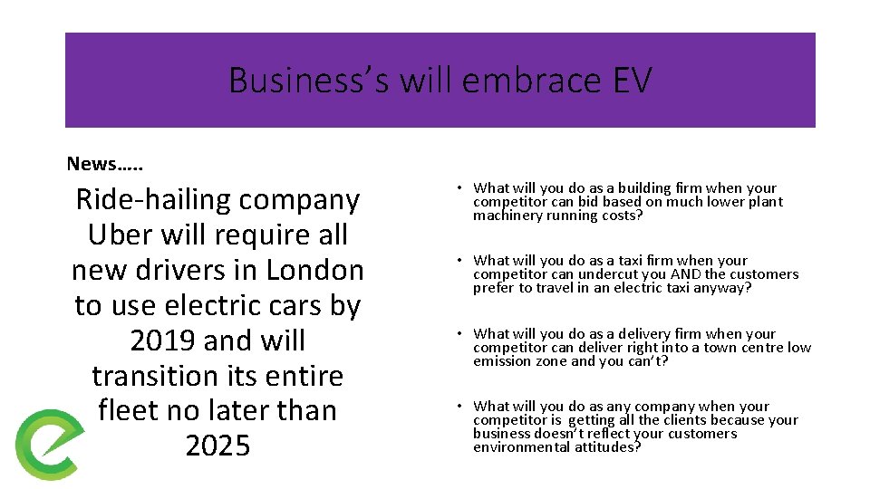 Business’s will embrace EV News…. . Ride-hailing company Uber will require all new drivers