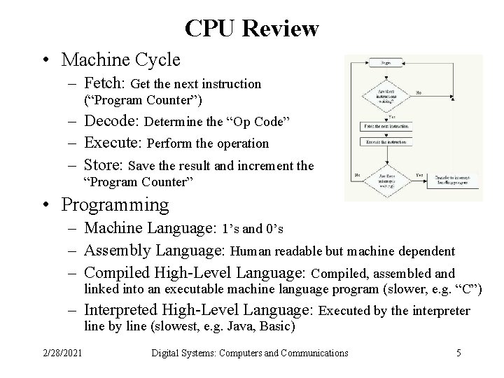 CPU Review • Machine Cycle – Fetch: Get the next instruction (“Program Counter”) –