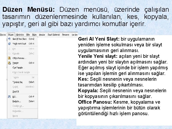 Düzen Menüsü: Düzen menüsü, üzerinde çalışılan tasarımın düzenlenmesinde kullanılan, kes, kopyala, yapıştır, geri al