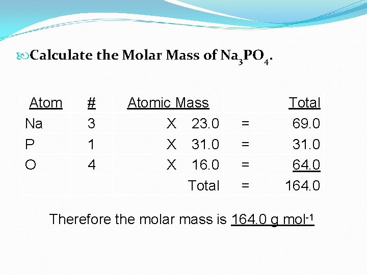  Calculate the Molar Mass of Na 3 PO 4. Atom Na P O