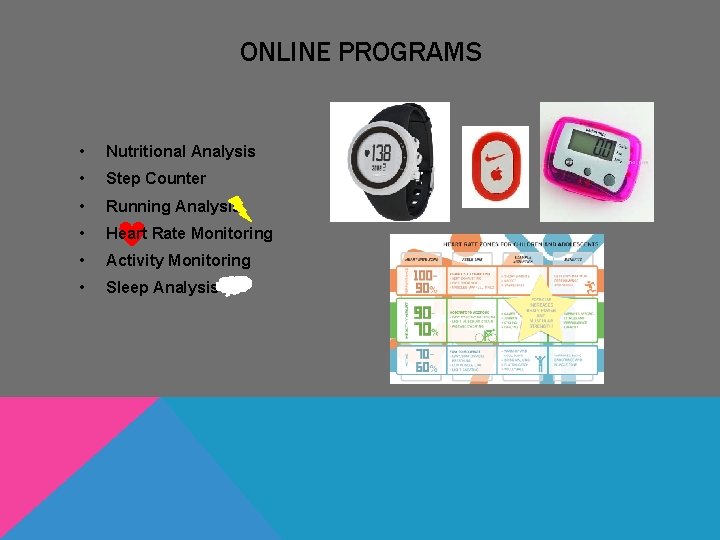 ONLINE PROGRAMS • Nutritional Analysis • Step Counter • Running Analysis • Heart Rate ONLINE PROGRAMS • Nutritional Analysis • Step Counter • Running Analysis • Heart Rate