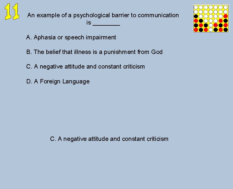 An example of a psychological barrier to communication is ____ A. Aphasia or speech