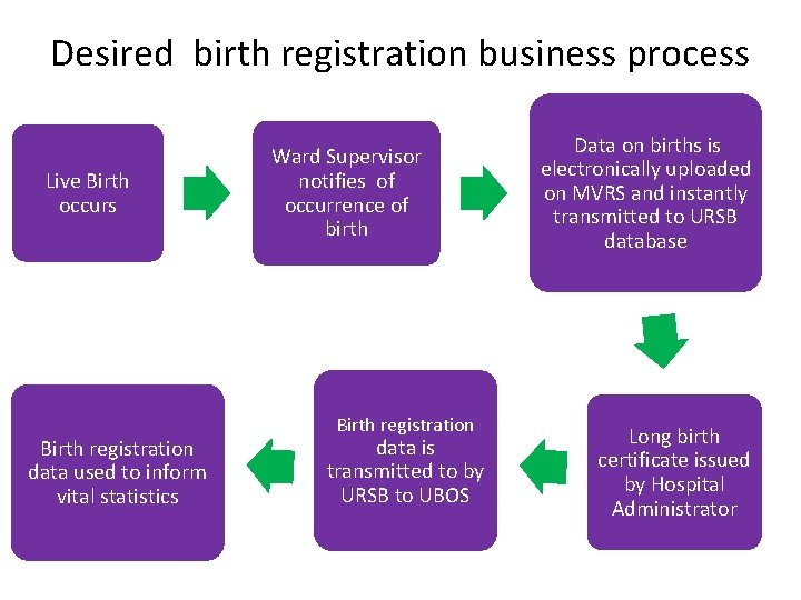 Desired birth registration business process Live Birth occurs Birth registration data used to inform