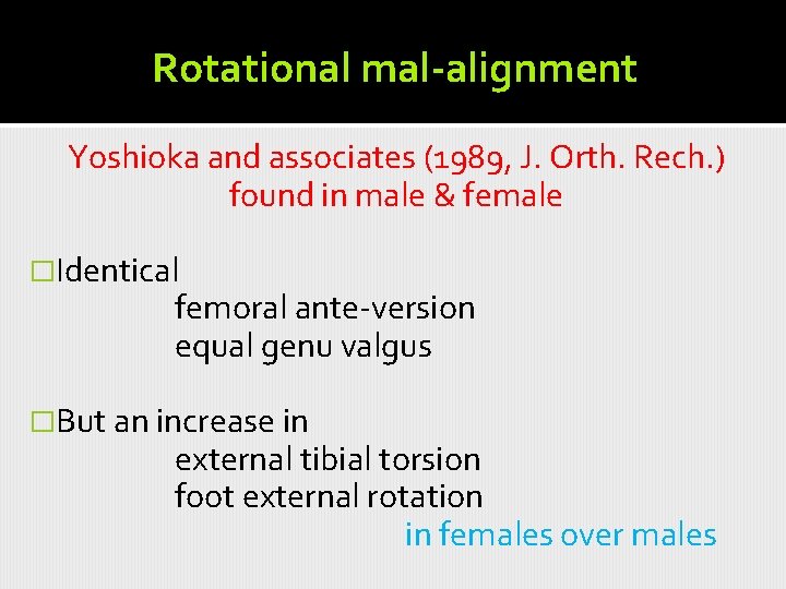 Rotational mal-alignment Yoshioka and associates (1989, J. Orth. Rech. ) found in male &