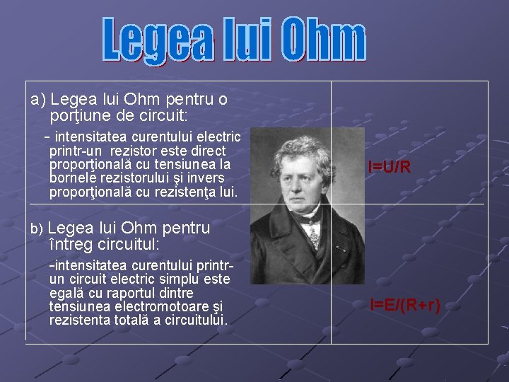 a) Legea lui Ohm pentru o porţiune de circuit: - intensitatea curentului electric printr-un