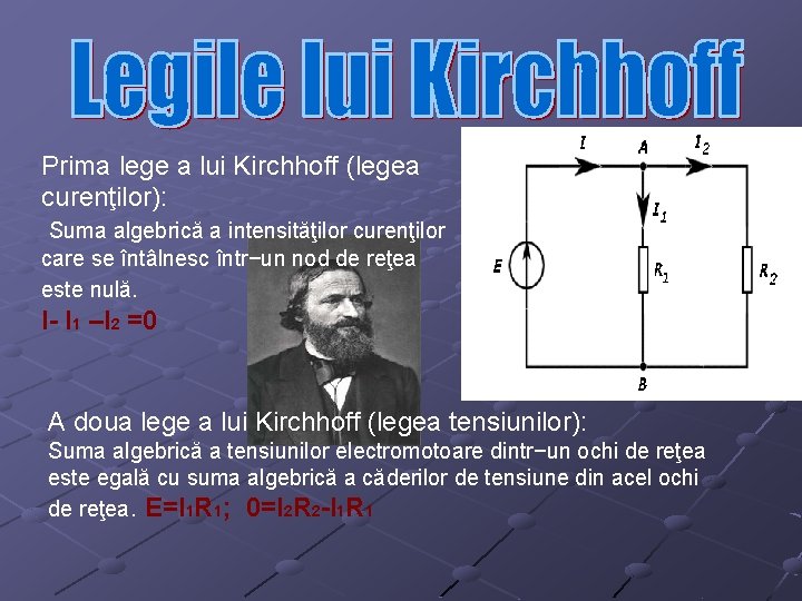 Prima lege a lui Kirchhoff (legea curenţilor): Suma algebrică a intensităţilor curenţilor care se