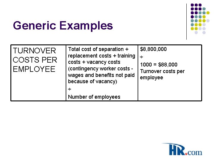 Generic Examples TURNOVER COSTS PER EMPLOYEE Total cost of separation + replacement costs +