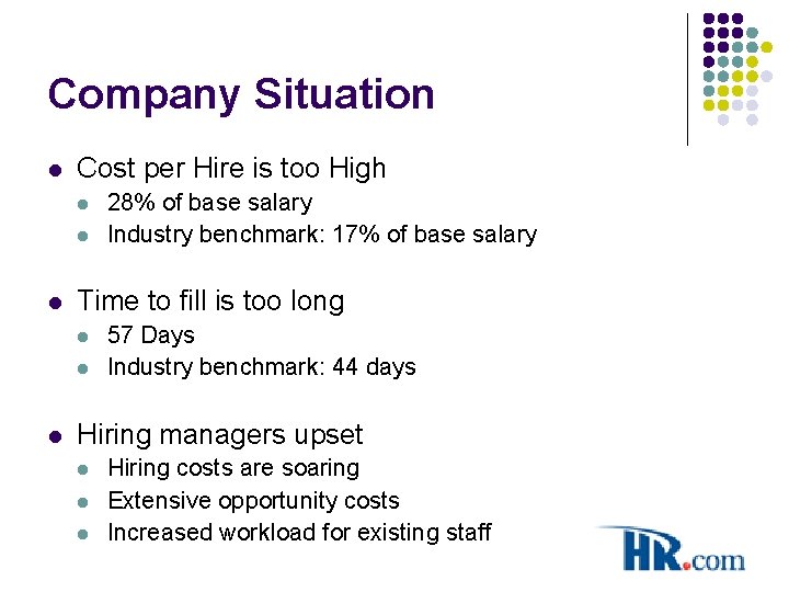 Company Situation l Cost per Hire is too High l l l Time to