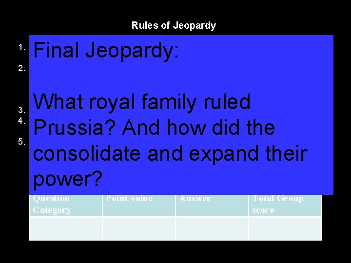 Rules of Jeopardy Final Jeopardy: 1. Everyone will work in pairs or groups of