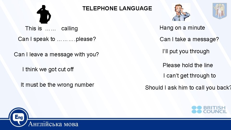 TELEPHONE LANGUAGE This is …… calling Can I speak to ………. please? Can I
