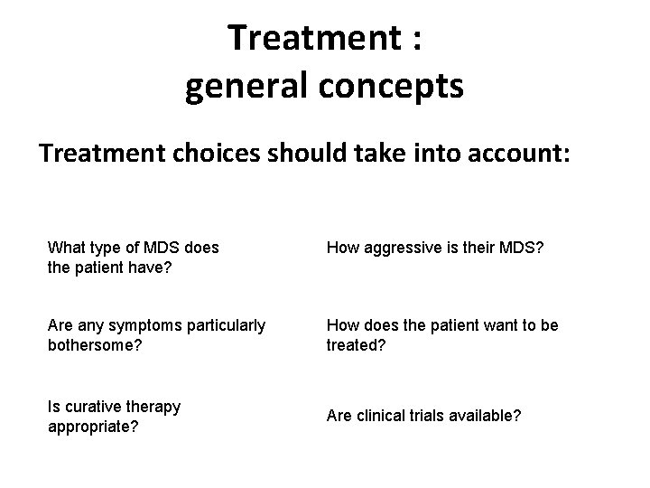 Treatment : general concepts Treatment choices should take into account: What type of MDS