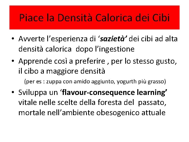 Piace la Densità Calorica dei Cibi • Avverte l’esperienza di ‘sazietà’ dei cibi ad