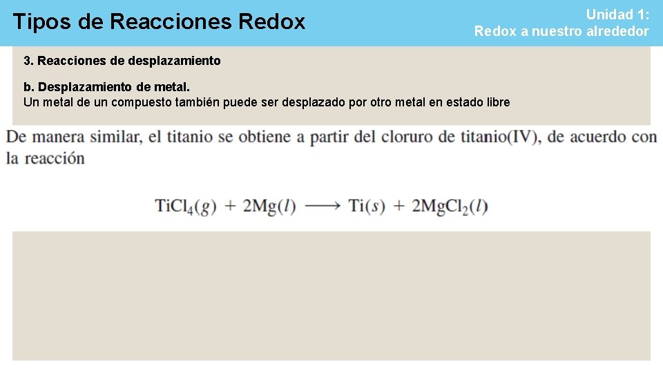Tipos de Reacciones Redox Unidad 1: Redox a nuestro alrededor 3. Reacciones de desplazamiento Tipos de Reacciones Redox Unidad 1: Redox a nuestro alrededor 3. Reacciones de desplazamiento