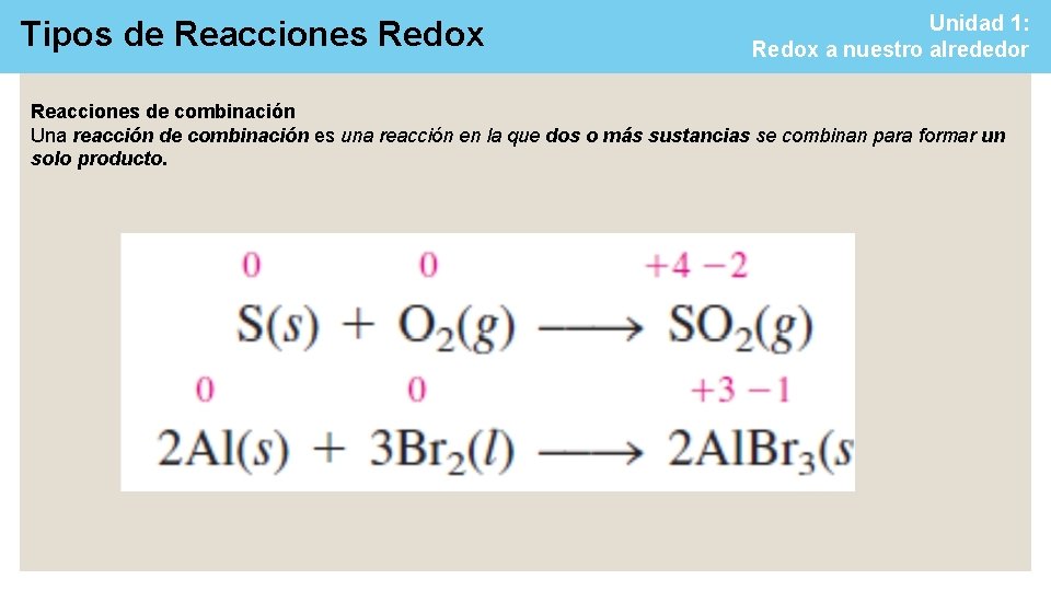 Tipos de Reacciones Redox Unidad 1: Redox a nuestro alrededor Reacciones de combinación Una Tipos de Reacciones Redox Unidad 1: Redox a nuestro alrededor Reacciones de combinación Una