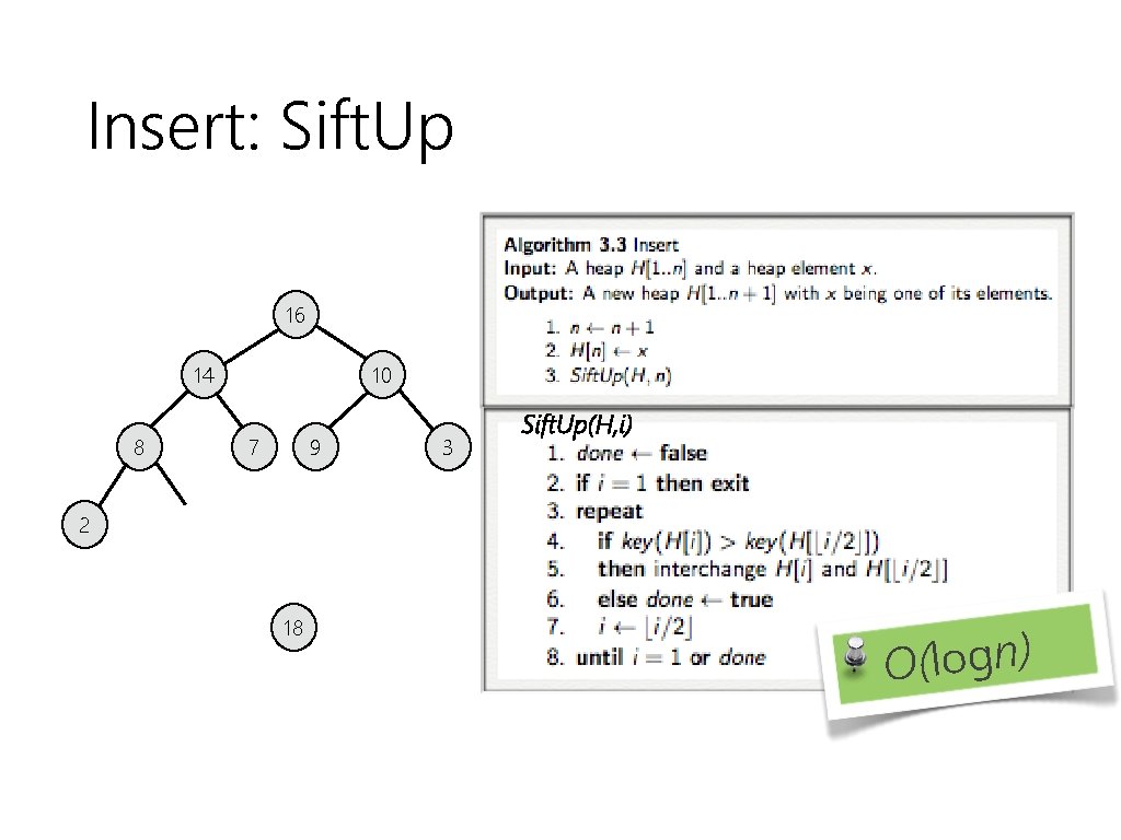 Insert: Sift. Up 16 14 8 10 7 9 3 Sift. Up(H, i) 2