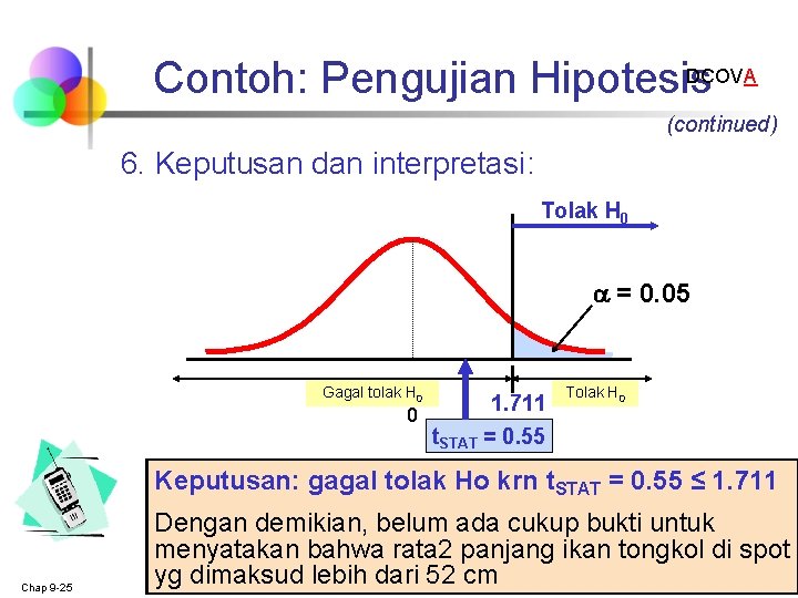 DCOVA Contoh: Pengujian Hipotesis (continued) 6. Keputusan dan interpretasi: Tolak H 0 = 0.