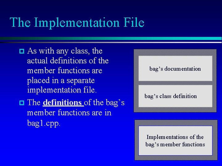 The Implementation File As with any class, the actual definitions of the member functions