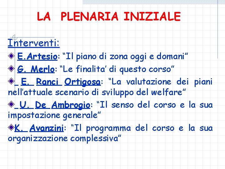 LA PLENARIA INIZIALE Interventi: E. Artesio: “Il piano di zona oggi e domani” G.