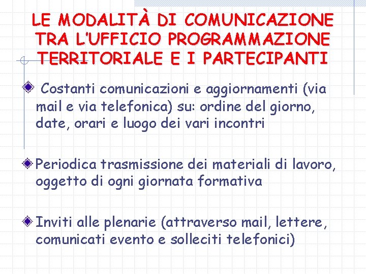 LE MODALITÀ DI COMUNICAZIONE TRA L’UFFICIO PROGRAMMAZIONE TERRITORIALE E I PARTECIPANTI Costanti comunicazioni e