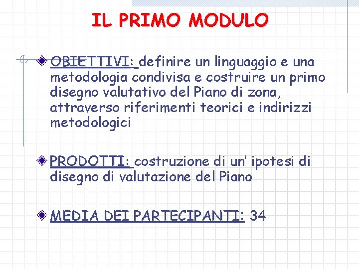 IL PRIMO MODULO OBIETTIVI: OBIETTIVI definire un linguaggio e una metodologia condivisa e costruire