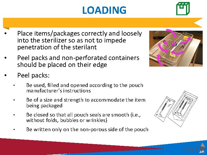 LOADING Place items/packages correctly and loosely into the sterilizer so as not to impede